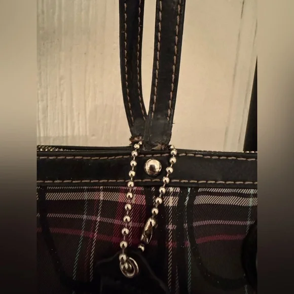 COACH Plaid Tote with Black Medallion - Black, Pink, Gray - Picture 4 of 12